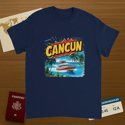 navy Cancún Mexico Unisex Travel T-Shirt on wooden background with world map, passport, and boarding pass