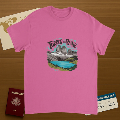 Torres del Paine Chile Unisex Travel T-Shirt on wooden background with world map, passport, and boarding pass