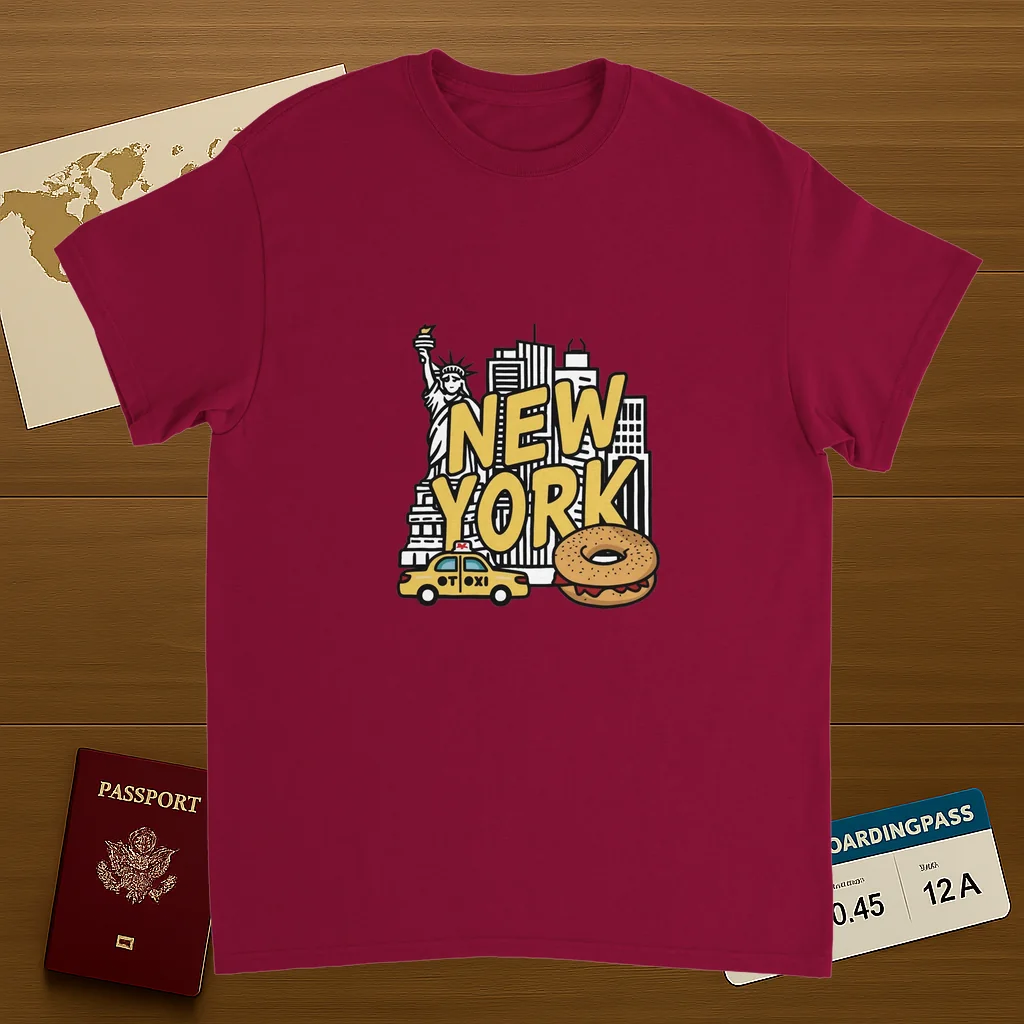 cardinal red New York USA Unisex Travel T-Shirt on wooden background with world map, passport, and boarding pass