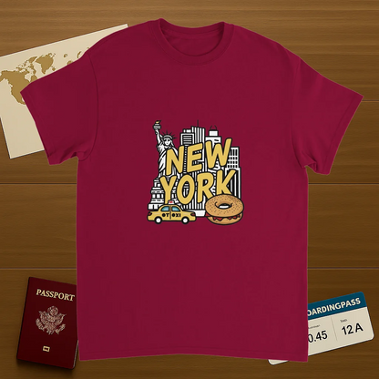 cardinal red New York USA Unisex Travel T-Shirt on wooden background with world map, passport, and boarding pass
