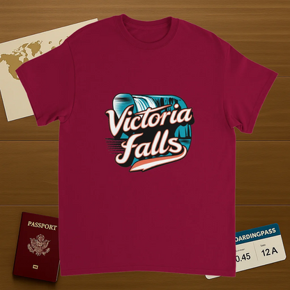 cardinal red Victoria Falls Unisex Travel T-Shirt on wooden background with world map, passport, and boarding pass