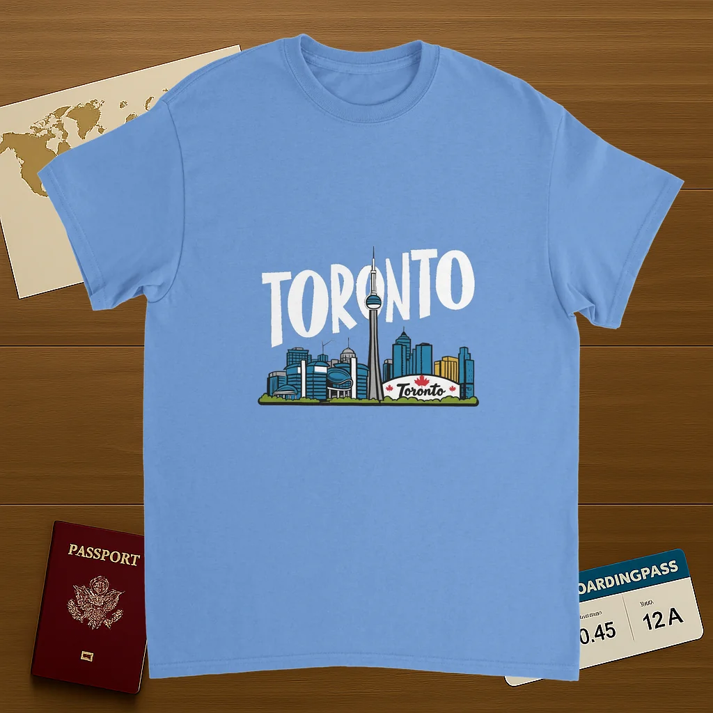 carolina blue Toronto Canada Unisex Travel T-Shirt on wooden background with world map, passport, and boarding pass