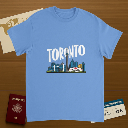 carolina blue Toronto Canada Unisex Travel T-Shirt on wooden background with world map, passport, and boarding pass