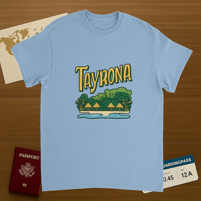light blue Tayrona Colombia Unisex Travel T-Shirt on wooden background with world map, passport, and boarding pass