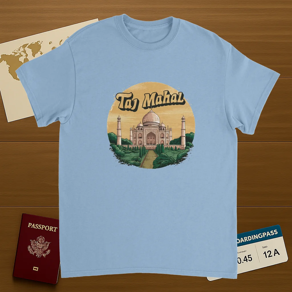 light blue Taj Mahal Agra India Unisex Travel T-Shirt on wooden background with world map, passport, and boarding pass