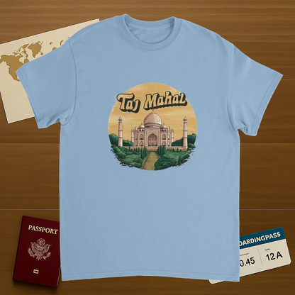 light blue Taj Mahal Agra India Unisex Travel T-Shirt on wooden background with world map, passport, and boarding pass