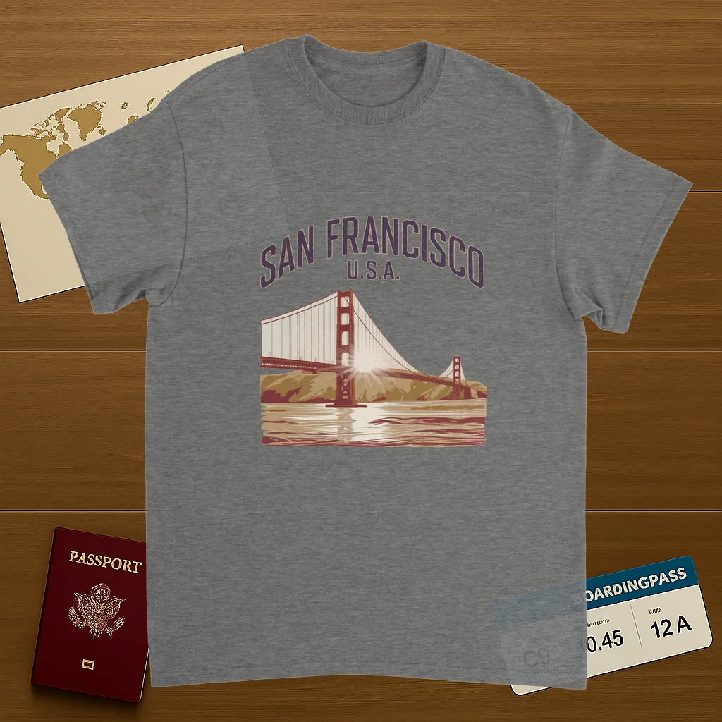 sport grey San Francisco USA Unisex Travel T-Shirt on wooden background with world map, passport, and boarding pass