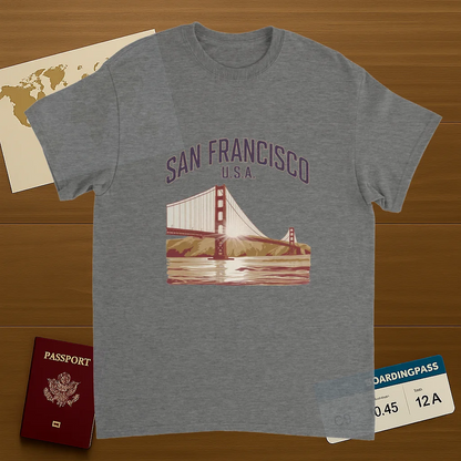 sport grey San Francisco USA Unisex Travel T-Shirt on wooden background with world map, passport, and boarding pass