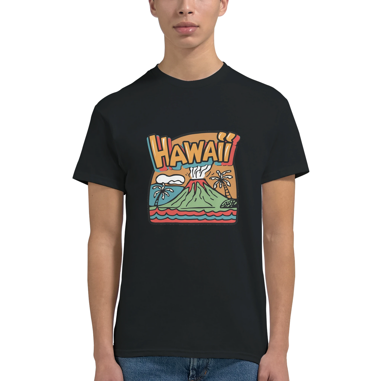 Hawaii Unisex Travel T-Shirt on wooden background with world map, passport, and boarding pass