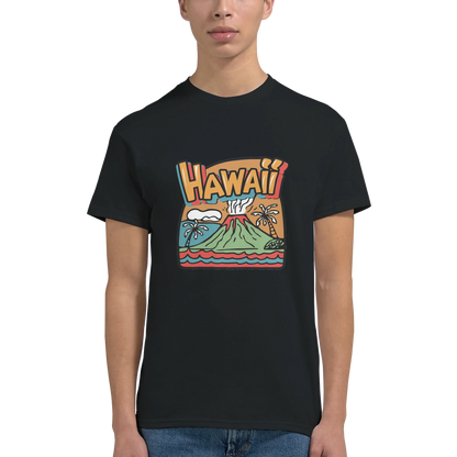Hawaii Unisex Travel T-Shirt on wooden background with world map, passport, and boarding pass
