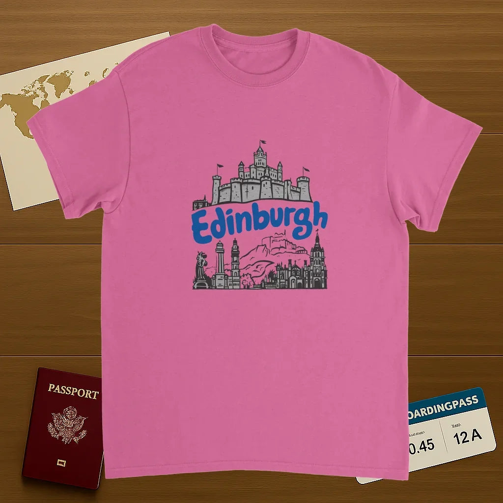 Edinburgh Scotland Unisex Travel T-Shirt on wooden background with world map, passport, and boarding pass