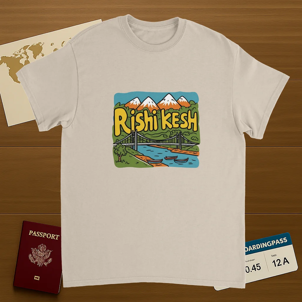 Rishikesh India Unisex Travel T-Shirt on wooden background with world map, passport, and boarding pass