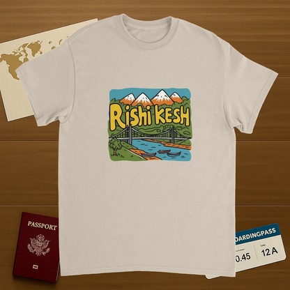 Rishikesh India Unisex Travel T-Shirt on wooden background with world map, passport, and boarding pass