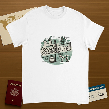 white Scotland Unisex Travel T-Shirt on wooden background with world map, passport, and boarding pass