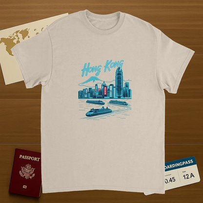 Hong Kong Unisex Travel T-Shirt on wooden background with world map, passport, and boarding pass