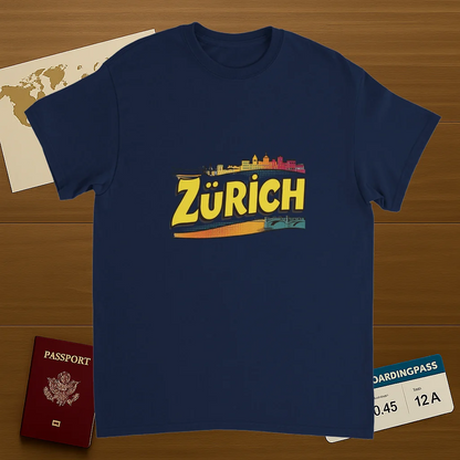 navy Zurich Switzerland Unisex Travel T-Shirt on wooden background with world map, passport, and boarding pass