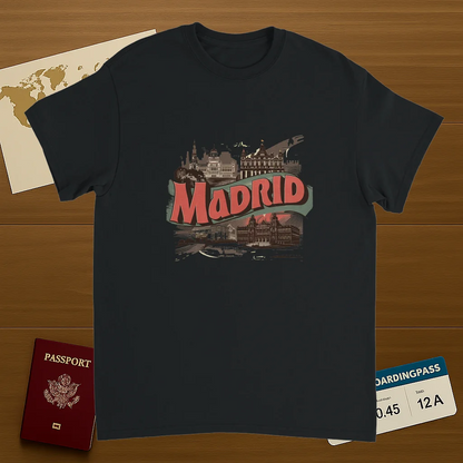 black Madrid Spain Unisex Travel T-Shirt on wooden background with world map, passport, and boarding pass