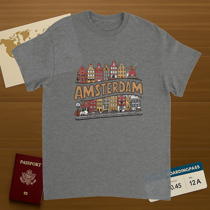 sport grey Amsterdam Netherlands Unisex Travel T-Shirt on wooden background with world map, passport, and boarding pass