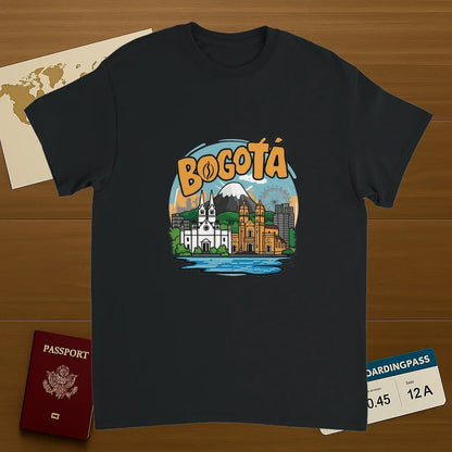 black Bogotá Colombia Unisex Travel T-Shirt on wooden background with world map, passport, and boarding pass