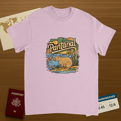 light pink Pantanal Brazil Unisex Travel T-Shirt on wooden background with world map, passport, and boarding pass