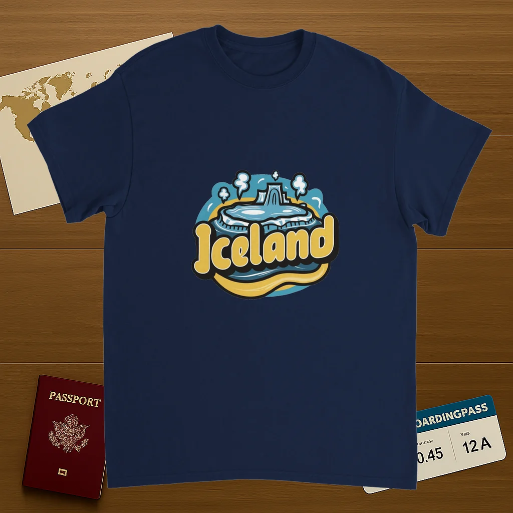 navy Iceland Unisex Travel T-Shirt on wooden background with world map, passport, and boarding pass