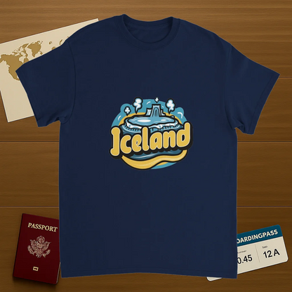 navy Iceland Unisex Travel T-Shirt on wooden background with world map, passport, and boarding pass