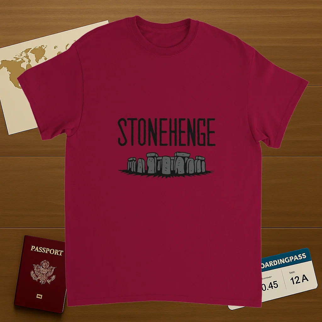 cardinal red Stonehenge England Unisex Travel T-Shirt on wooden background with world map, passport, and boarding pass