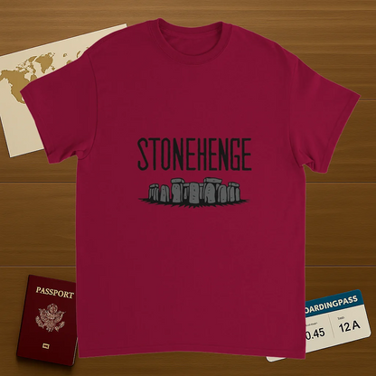 cardinal red Stonehenge England Unisex Travel T-Shirt on wooden background with world map, passport, and boarding pass
