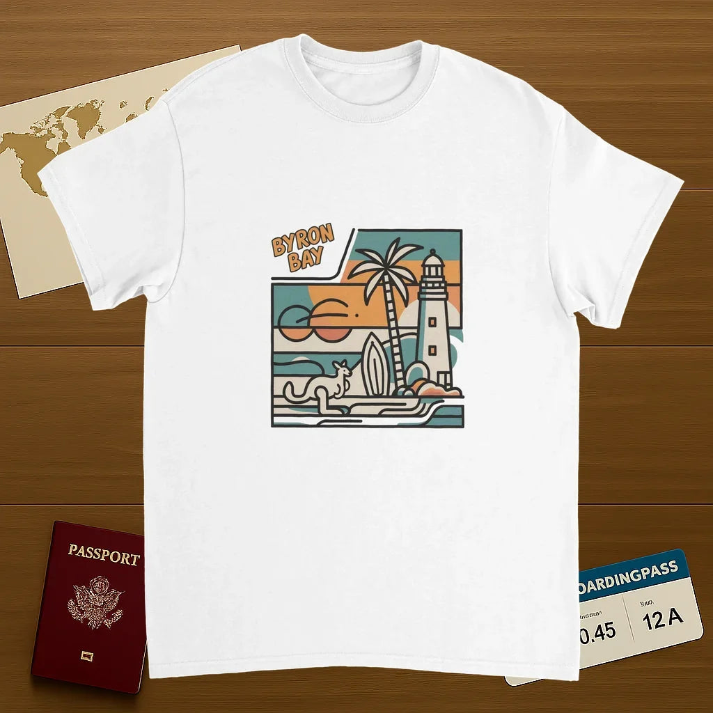 white Byron Bay Australia Unisex Travel T-Shirt on wooden background with world map, passport, and boarding pass
