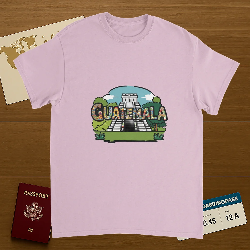 light pink Guatemala Unisex Travel T-Shirt on wooden background with world map, passport, and boarding pass