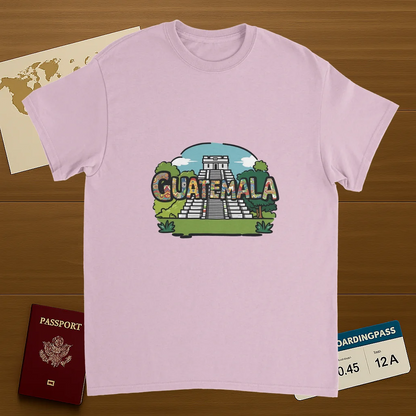 light pink Guatemala Unisex Travel T-Shirt on wooden background with world map, passport, and boarding pass