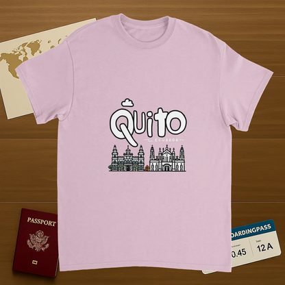 light pink Quito Ecuador Unisex Travel T-Shirt on wooden background with world map, passport, and boarding pass