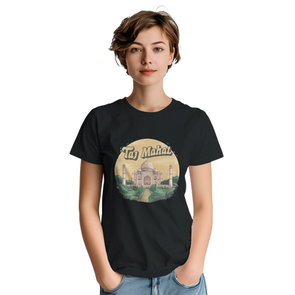 Taj Mahal Agra India Unisex Travel T-Shirt featuring a person from the front