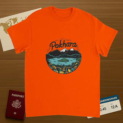 orange Pokhara Nepal Unisex Travel T-Shirt on wooden background with world map, passport, and boarding pass