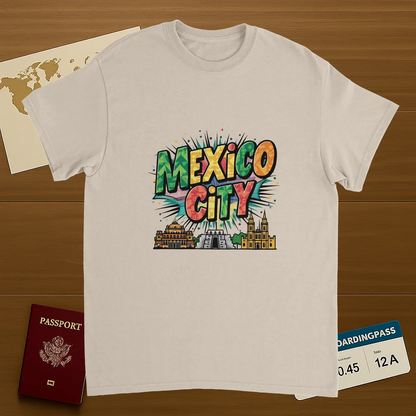 Mexico City Unisex Travel T-Shirt on wooden background with world map, passport, and boarding pass