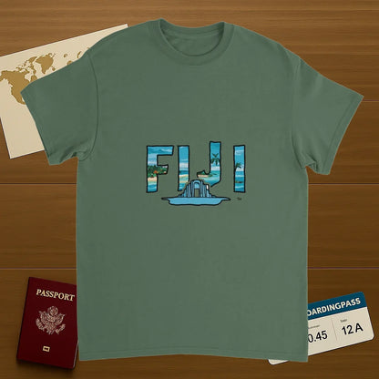 military green Fiji Unisex Travel T-Shirt on wooden background with world map, passport, and boarding pass