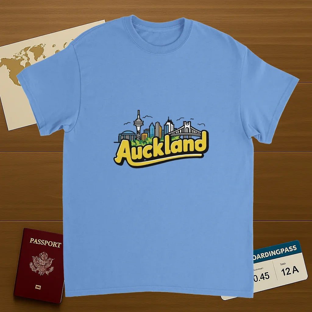 carolina blue Auckland New Zealand Unisex Travel T-Shirt on wooden background with world map, passport, and boarding pass