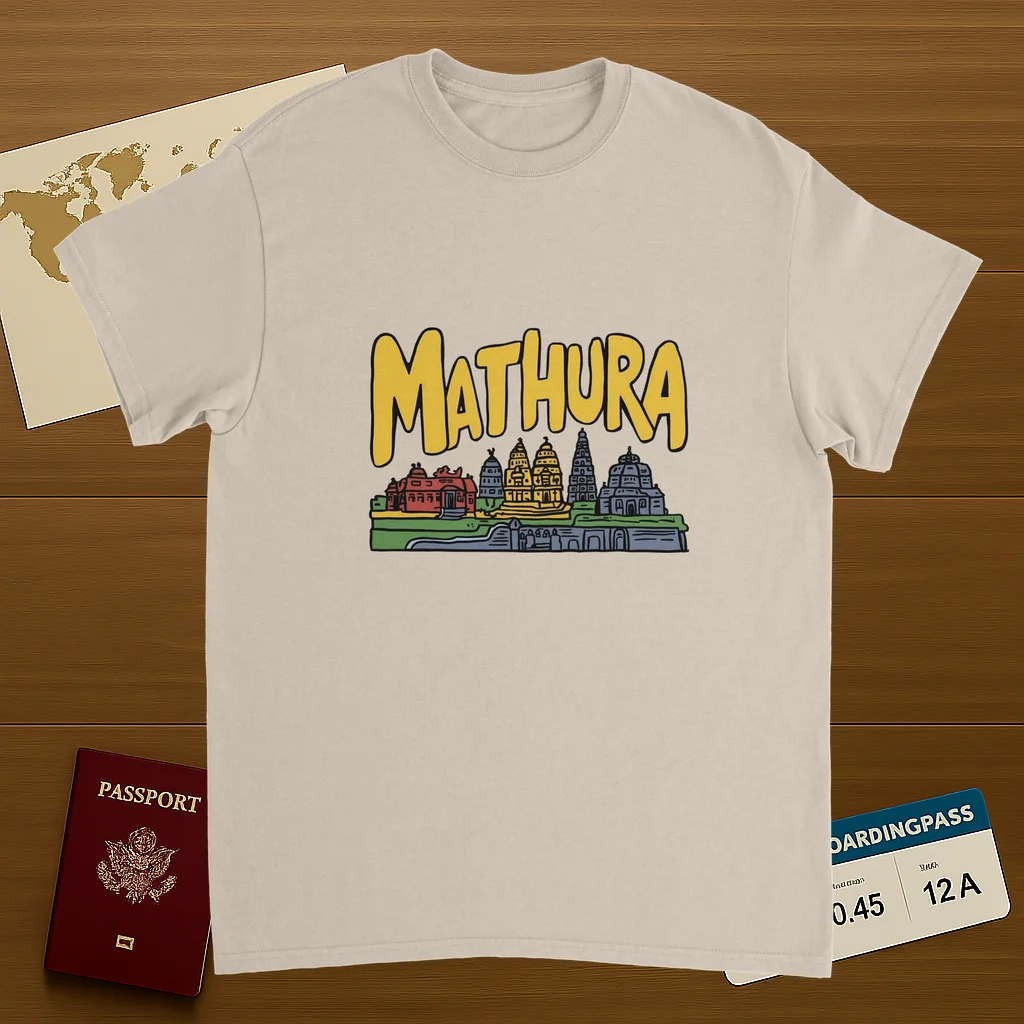 Mathura India Unisex Travel T-Shirt on wooden background with world map, passport, and boarding pass