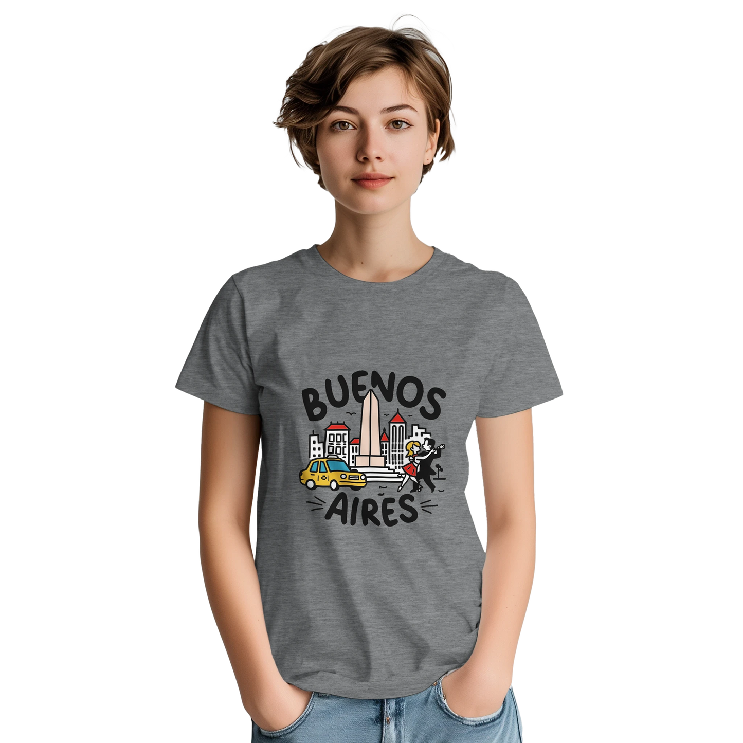 Buenos Aires Argentina Unisex Travel T-Shirt on wooden background with world map, passport, and boarding pass