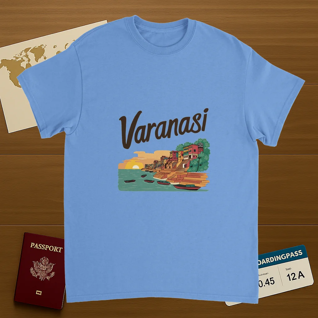 carolina blue Varanasi India Unisex Travel T-Shirt on wooden background with world map, passport, and boarding pass