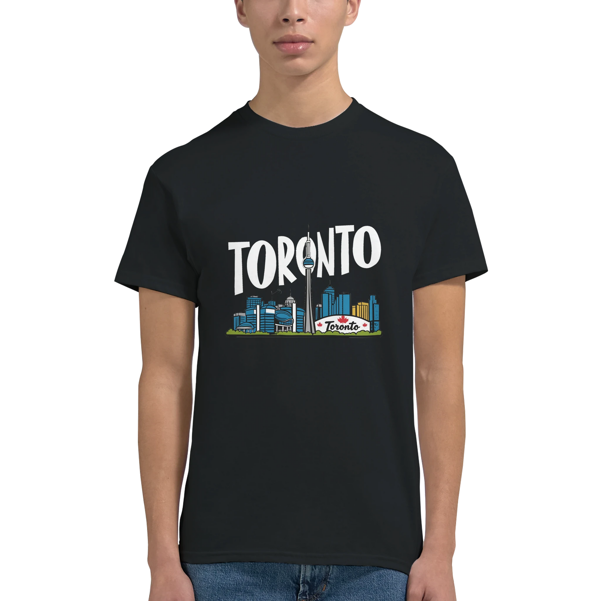 Toronto Canada Unisex Travel T-Shirt on wooden background with world map, passport, and boarding pass