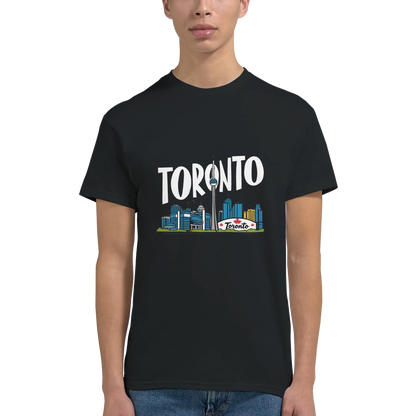 Toronto Canada Unisex Travel T-Shirt on wooden background with world map, passport, and boarding pass