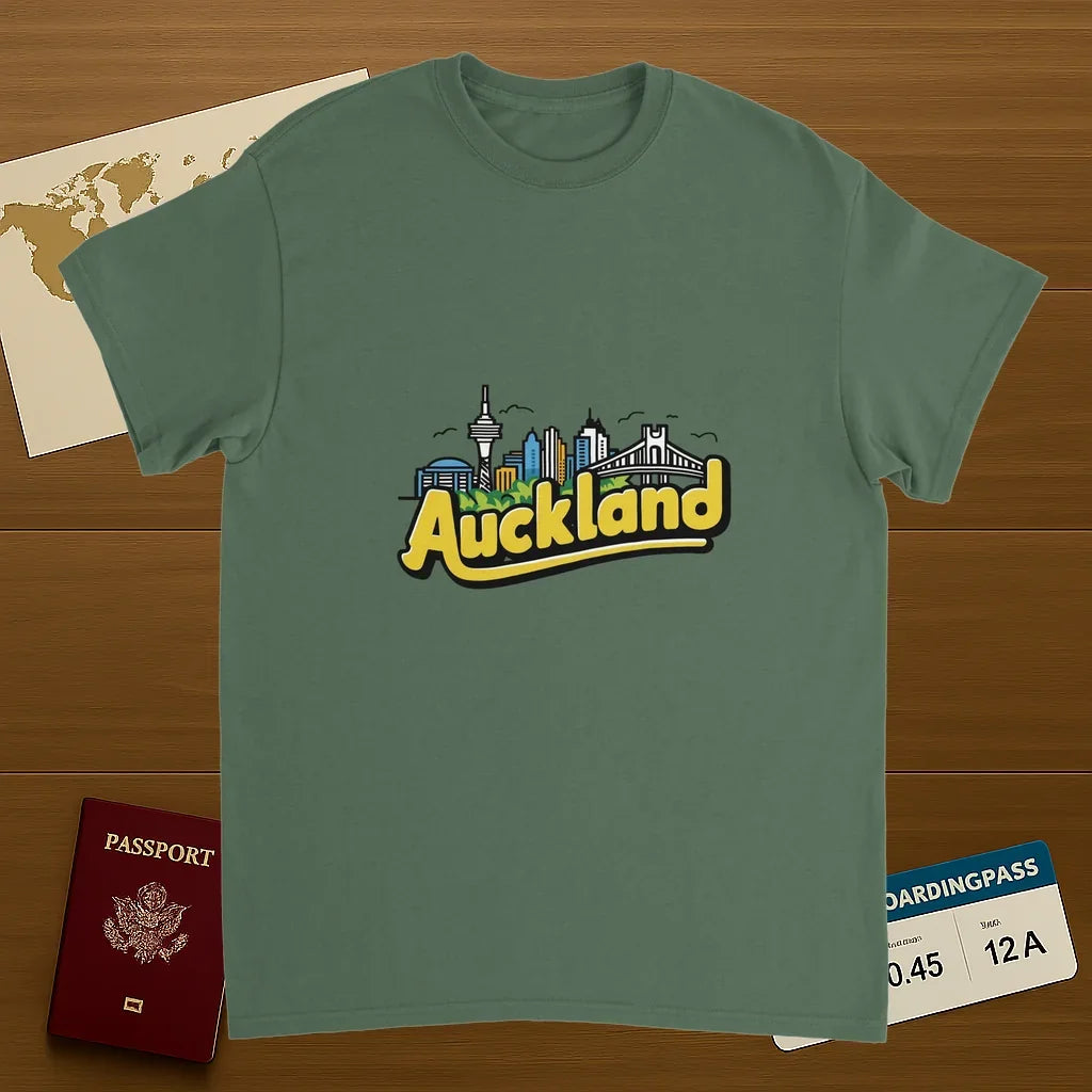 military green Auckland New Zealand Unisex Travel T-Shirt on wooden background with world map, passport, and boarding pass