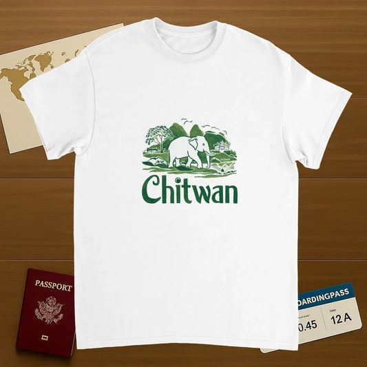 white Chitwan Nepal Unisex Travel T-Shirt on wooden background with world map, passport, and boarding pass