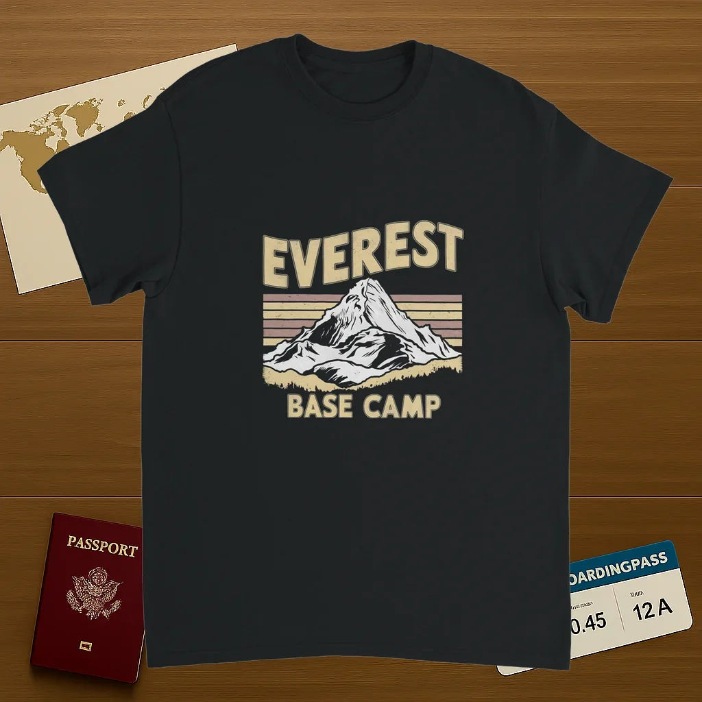 black Everest Base Camp Nepal Unisex Travel T-Shirt on wooden background with world map, passport, and boarding pass