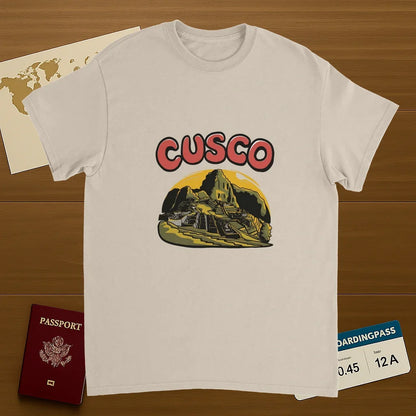 Cusco Peru Unisex Travel T-Shirt on wooden background with world map, passport, and boarding pass