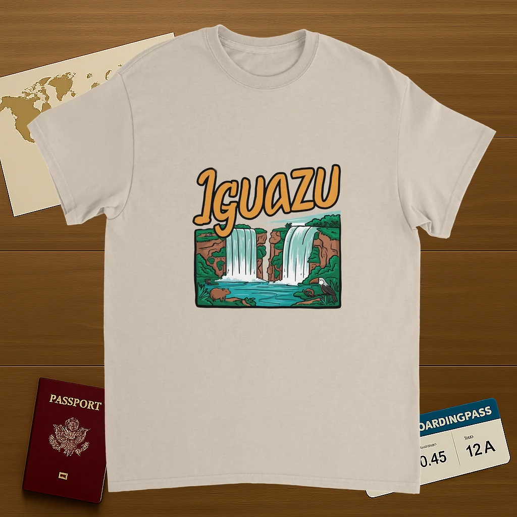 Iguazu Falls Unisex Travel T-Shirt on wooden background with world map, passport, and boarding pass