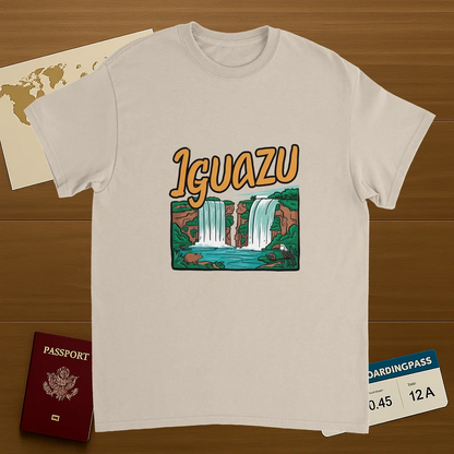 Iguazu Falls Unisex Travel T-Shirt on wooden background with world map, passport, and boarding pass