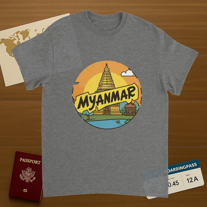 sport grey Myanmar Unisex Travel T-Shirt on wooden background with world map, passport, and boarding pass
