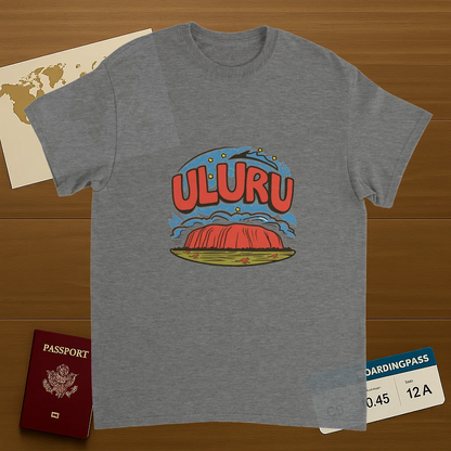 sport grey Uluru Australia Unisex Travel T-Shirt on wooden background with world map, passport, and boarding pass